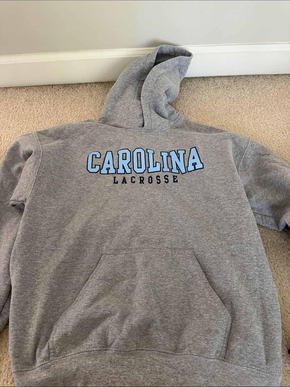 Gildan Gray Hoodie with Light Blue CAROLINA Lacrosse Logo